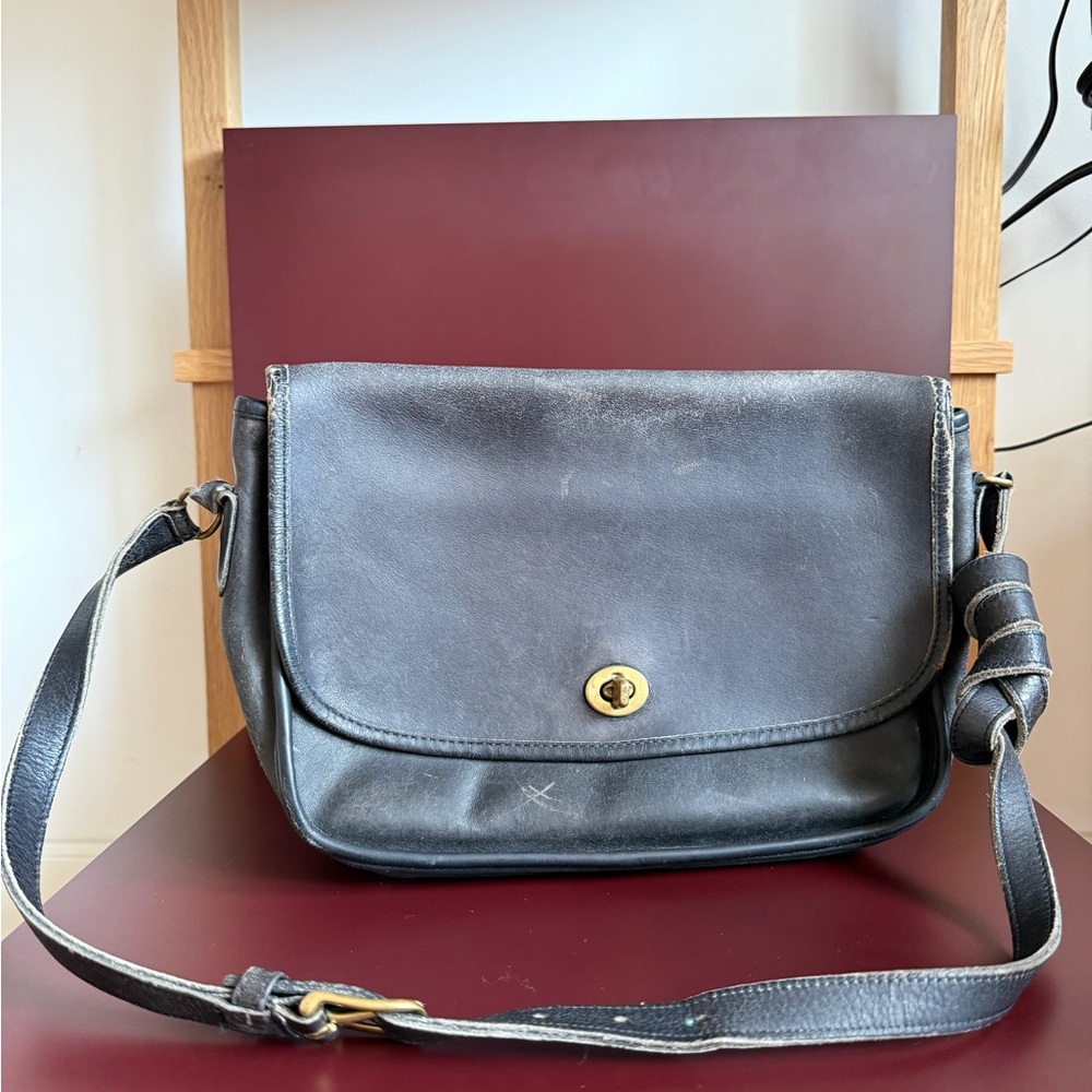 Vintage Coach Black Leather Crossbody Bag waiting for refinishing
